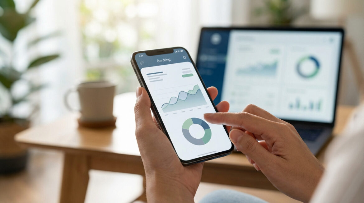 Personne utilisant un smartphone avec une application bancaire affichant des graphiques. Un ordinateur portable avec des données financières est visible en arrière-plan.