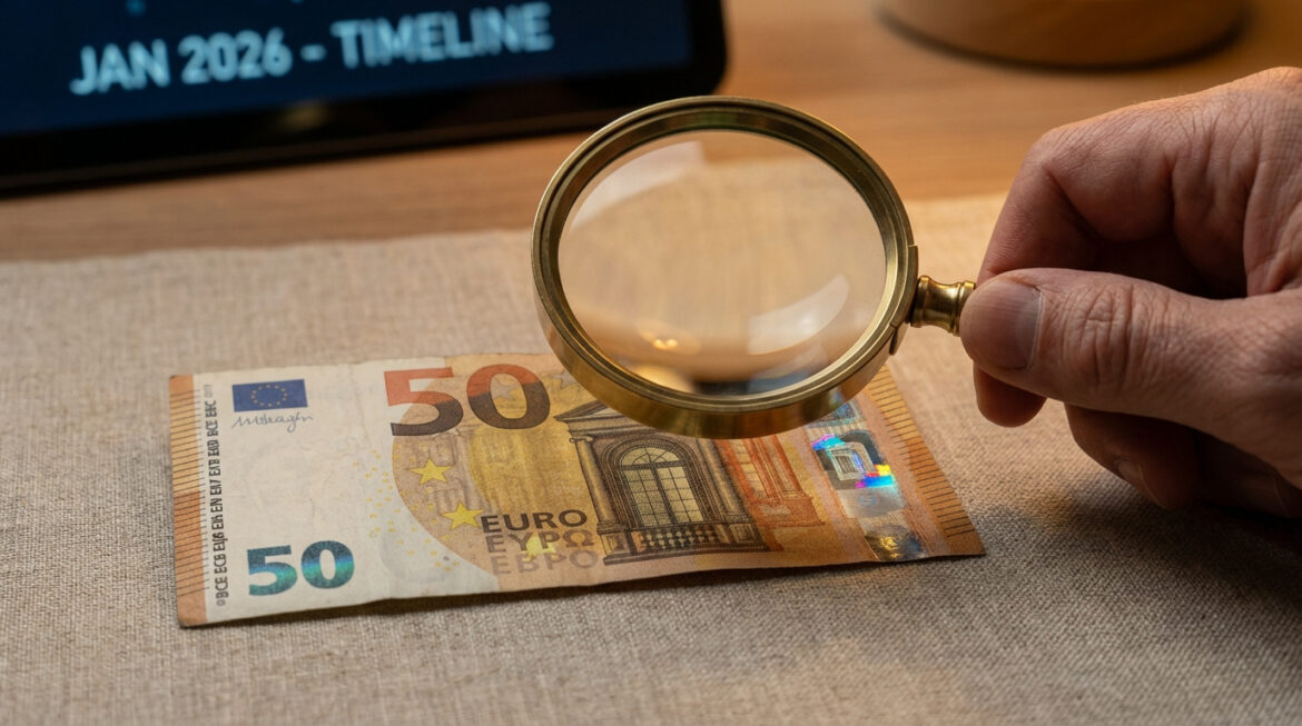 Main tenant une loupe au-dessus d'un billet de 50 euros, avec un écran affichant 'JAN 2026' en arrière-plan.