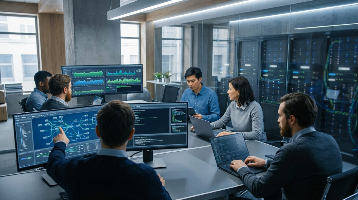 Un groupe diversifié de professionnels IT examine des données et des schémas réseau sur des écrans, dans une salle avec serveurs.