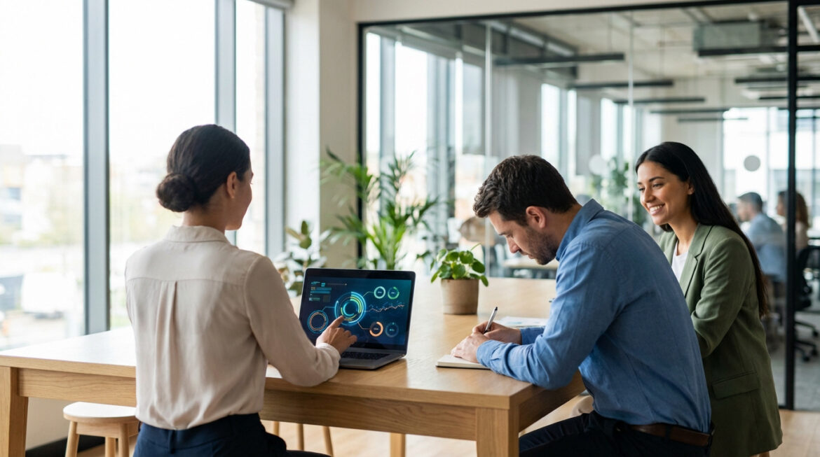 Deux femmes et un homme collaborent dans un bureau moderne. Une femme pointe un écran d'ordinateur, l'homme écrit, l'autre femme sourit.