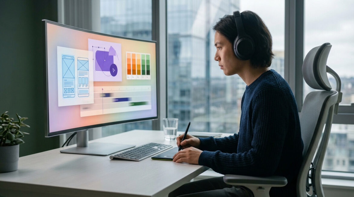 Un jeune homme concentré utilise un stylet sur une tablette graphique devant un écran affichant des logiciels de design multimédia.