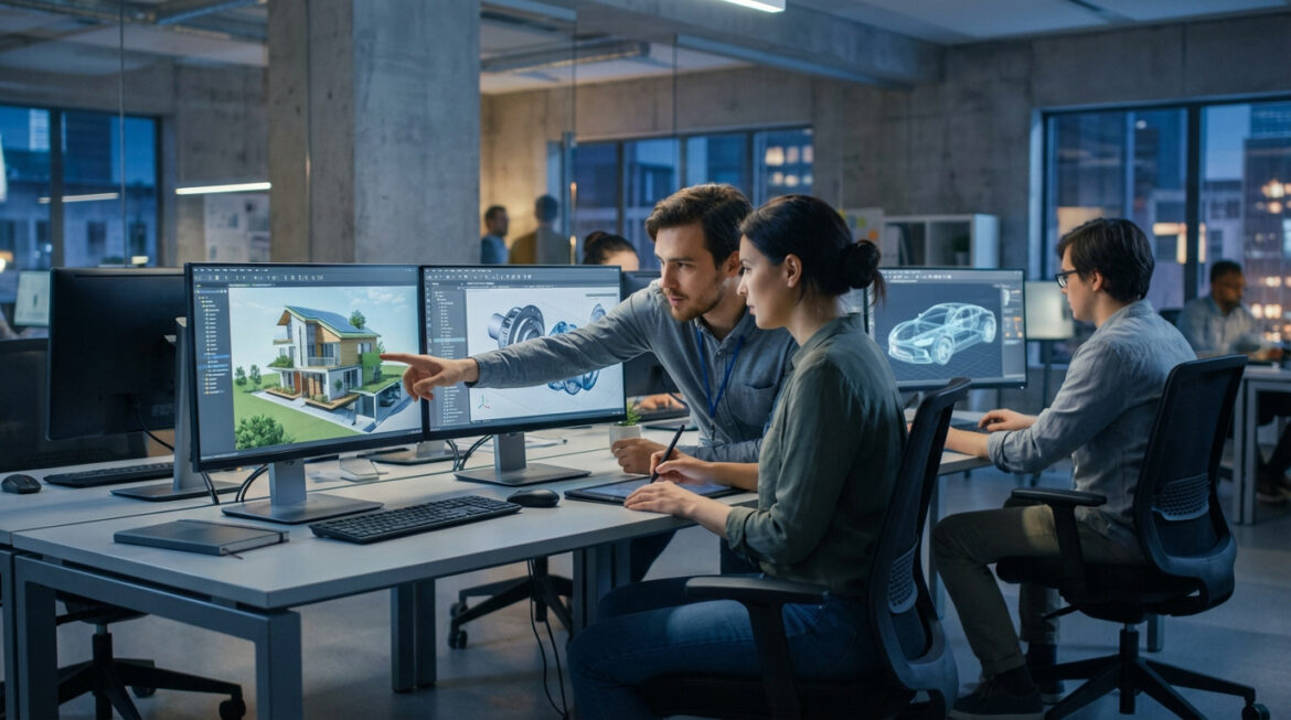Trois designers travaillent sur des logiciels de conception 3D dans un bureau moderne. Des modèles de maison, pièce mécanique et voiture sont visibles.