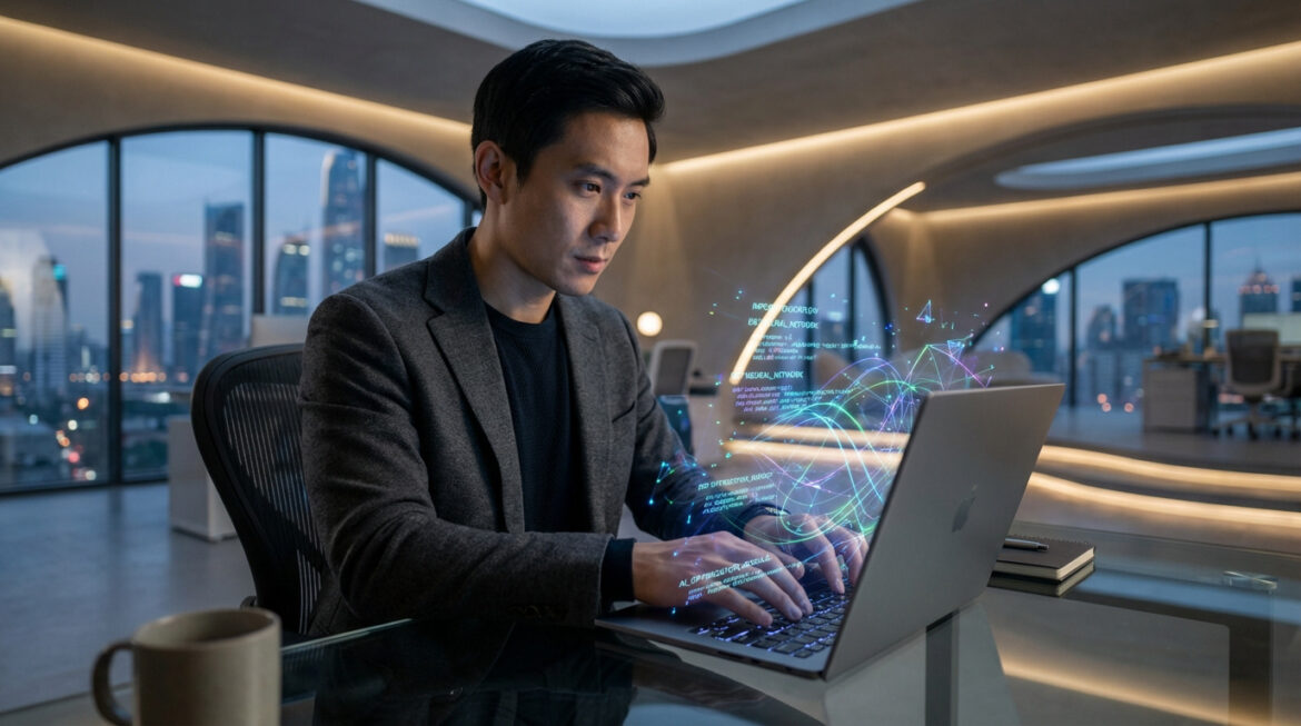 Homme asiatique travaillant sur un ordinateur portable affichant des données holographiques dans un bureau moderne avec vue sur la ville.