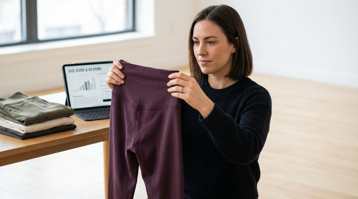 Femme aux cheveux bruns examinant un legging prune. Une tablette avec un guide des tailles et des avis, ainsi que d'autres vêtements pliés, sont sur la table.