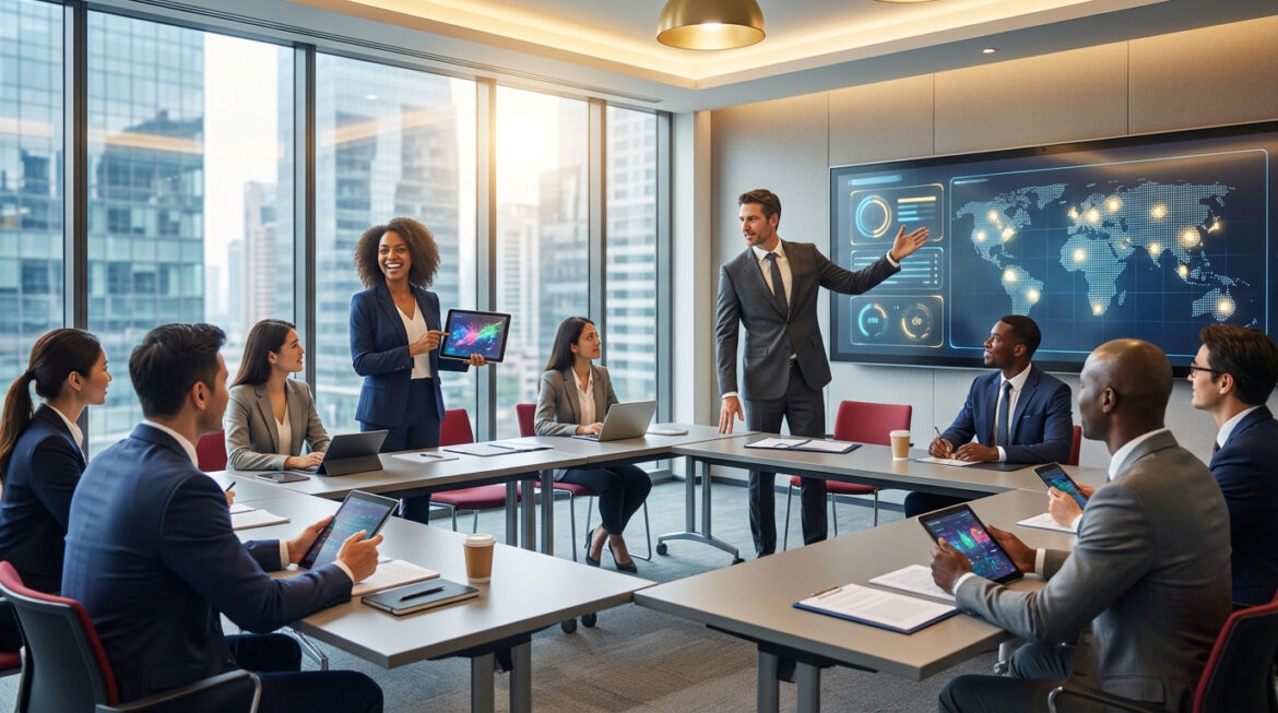 Groupe divers de professionnels en réunion d'affaires moderne, avec présentateurs et un écran géant affichant une carte du monde.
