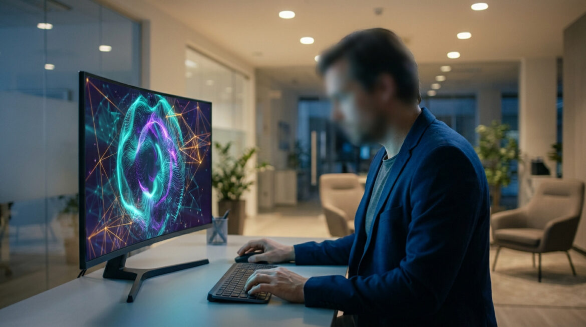 Un homme assis à un bureau moderne, concentré sur un écran d'ordinateur incurvé affichant un design abstrait et coloré. Il utilise un clavier et une souris.
