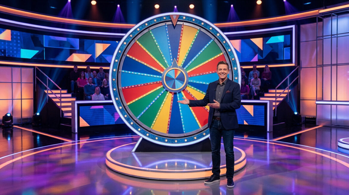 L'animateur de La Roue de la Fortune souriant devant la roue colorée sur le plateau de jeu. Public en arrière-plan.