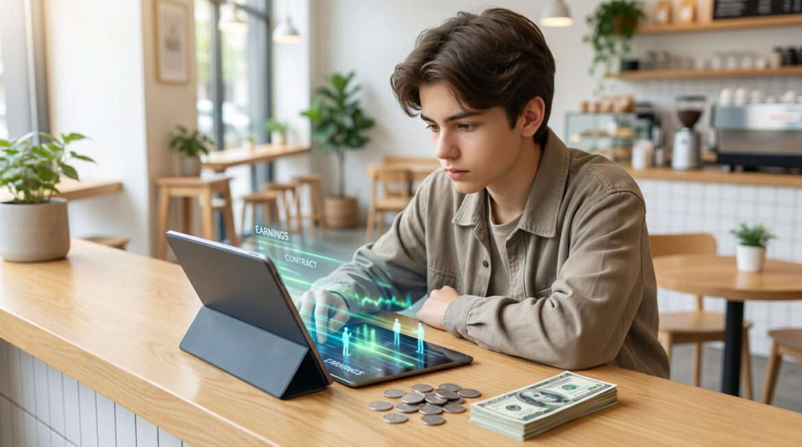 Jeune homme devant une tablette affichant des données holographiques "EARNINGS" et "CONTRACT", avec billets et pièces.