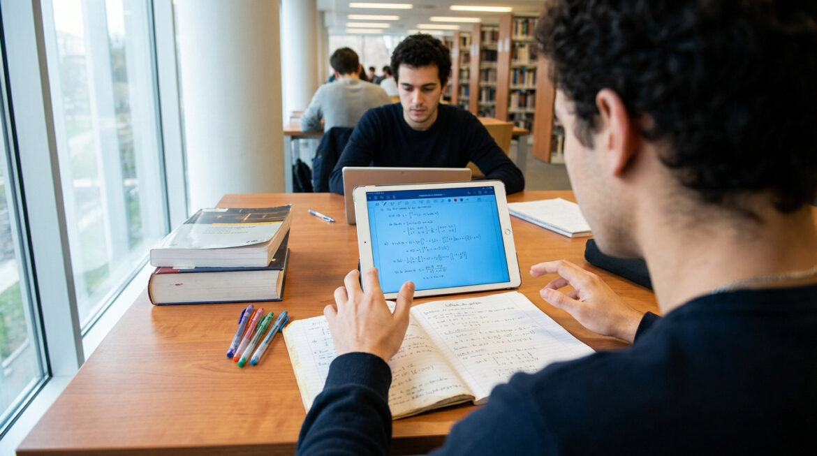 Deux étudiants de prépa travaillent à une table de bibliothèque. L'un utilise une tablette et un cahier, l'autre une tablette et un PC portable.