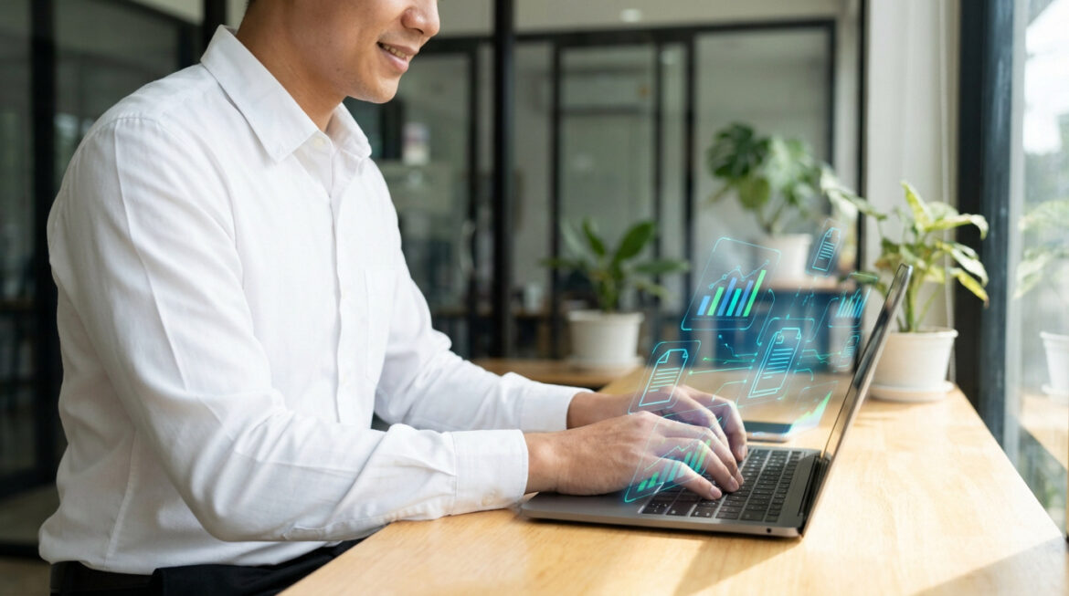 Homme souriant travaillant sur un laptop, des graphiques et documents holographiques symbolisent la formation bureautique moderne.