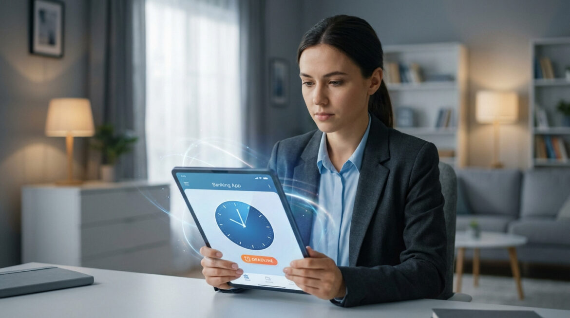 Une femme concentrée utilise une tablette affichant une application bancaire avec une horloge et un bouton 'deadline'. L'image évoque la gestion des délais de virement.