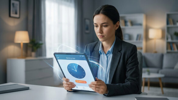 Une femme concentrée utilise une tablette affichant une application bancaire avec une horloge et un bouton 'deadline'. L'image évoque la gestion des délais de virement.