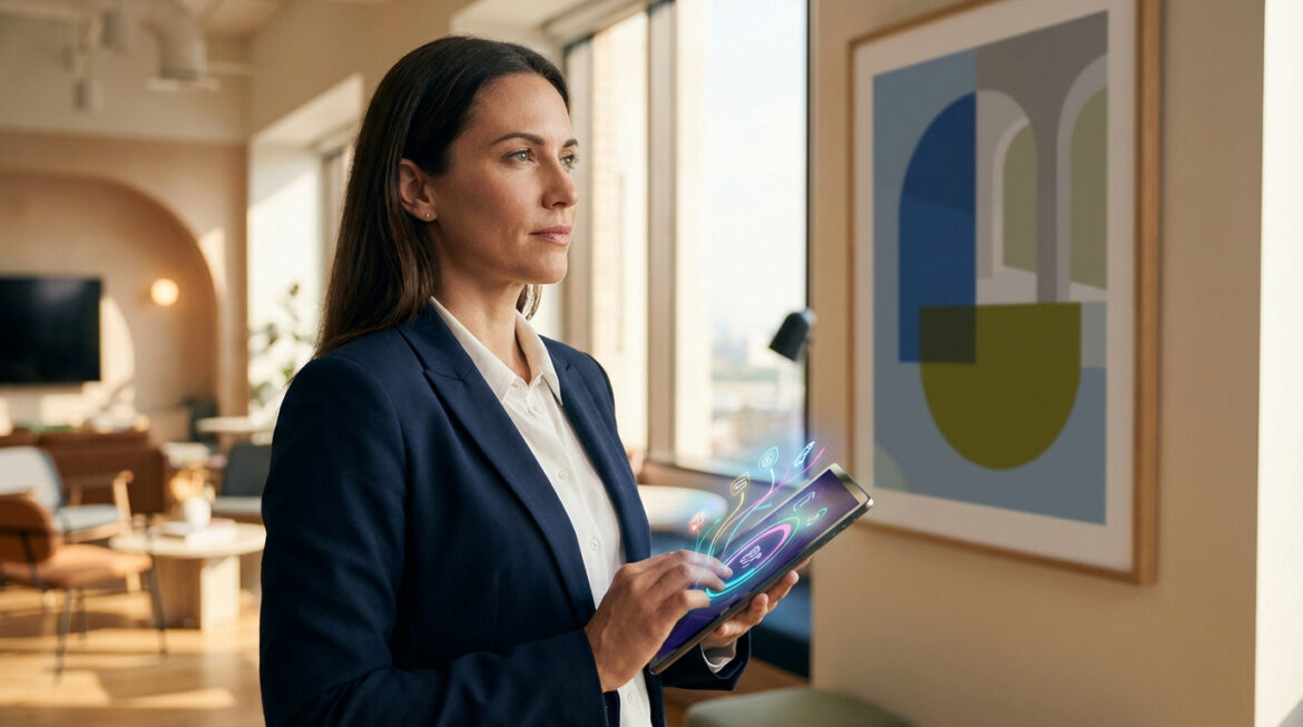 Femme d'affaires en costume, regardant au loin, interagit avec une tablette affichant des icônes lumineuses dans un bureau moderne.