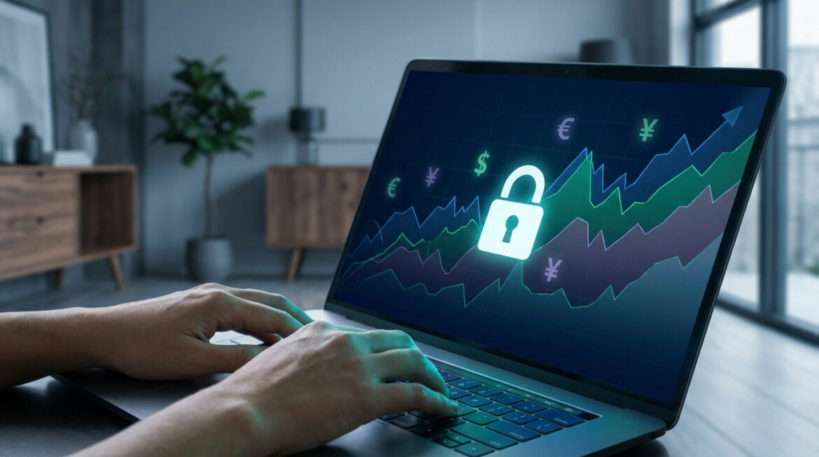 Personne utilise un ordinateur portable. L'écran affiche un graphique de croissance financière avec des devises et un cadenas de sécurité.