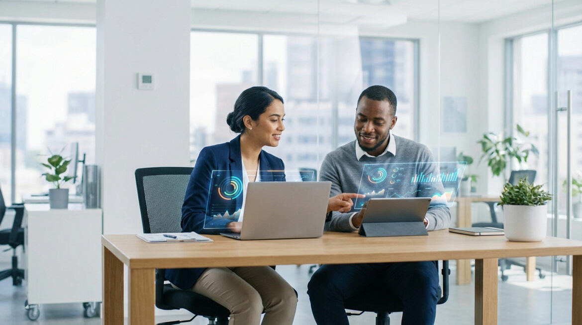 Deux professionnels analysent des données financières holographiques sur un ordinateur portable et une tablette en bureau.