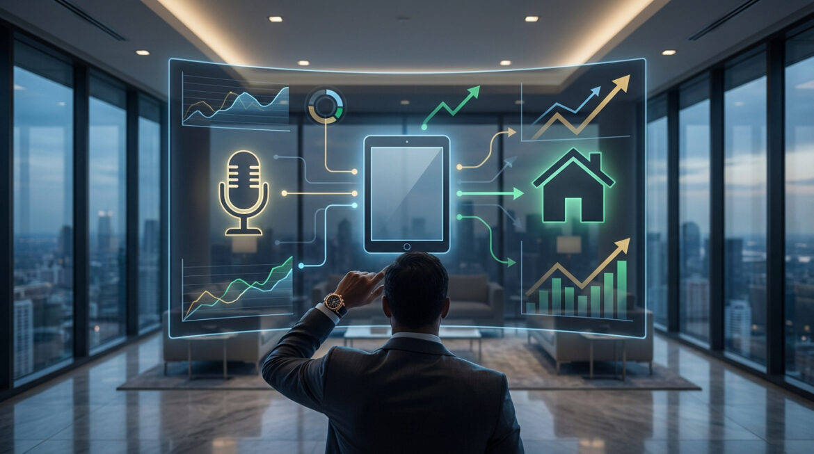 Homme en costume analyse données financières, médias et immobilières sur écran holographique en bureau moderne. Croissance de fortune.