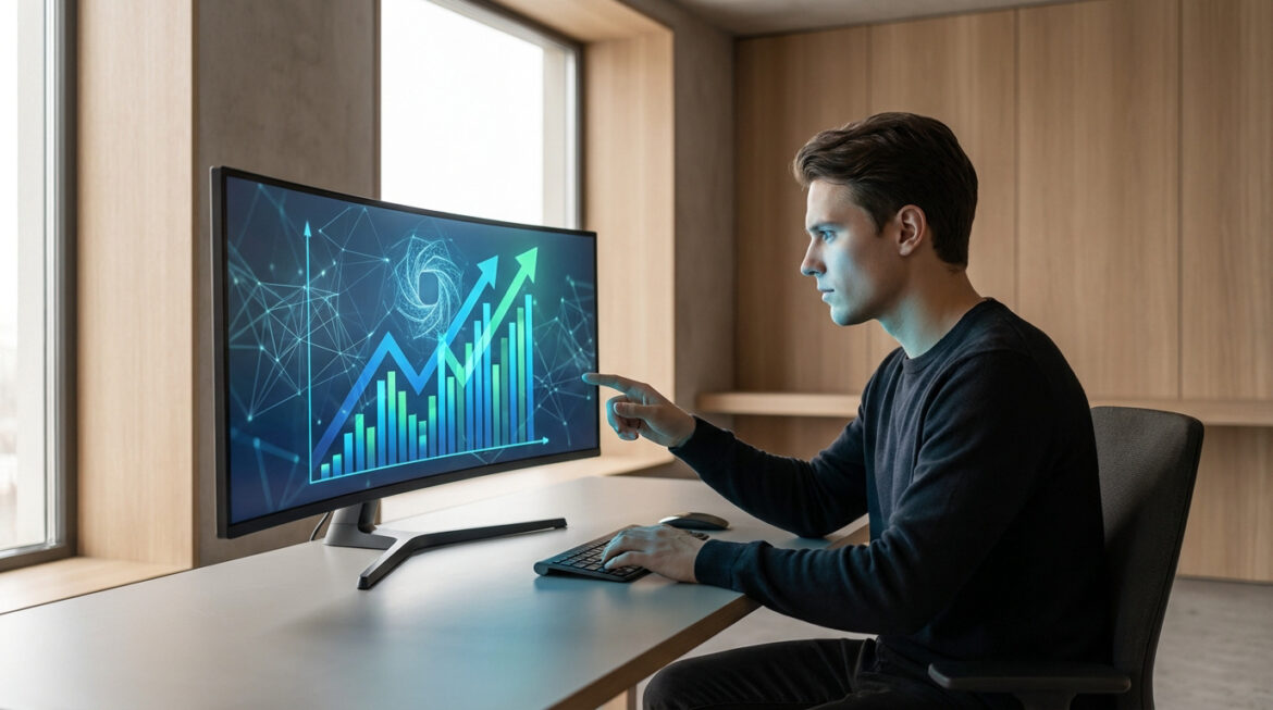 Jeune homme analysant un graphique de croissance SEO sur un écran d'ordinateur incurvé dans un bureau moderne et lumineux.